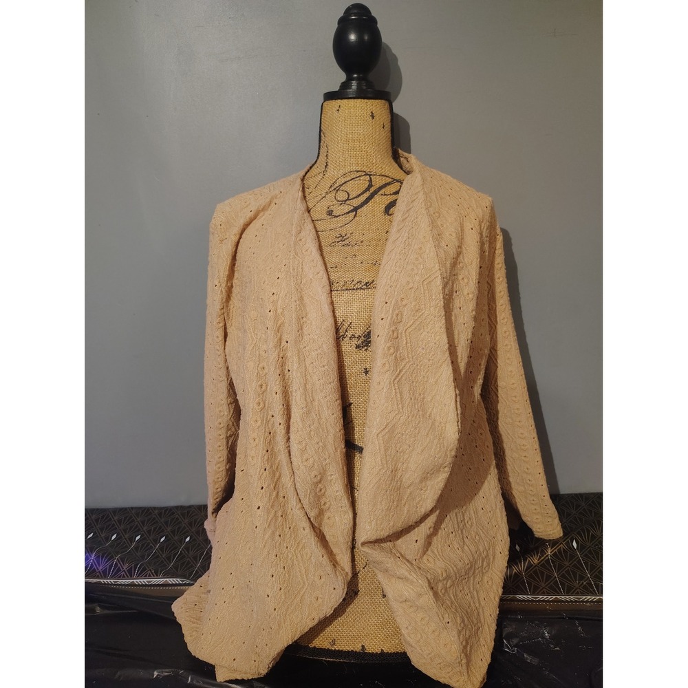 JustFashionNow Tan Textured Eyelet Open Front Draped Cardigan XL